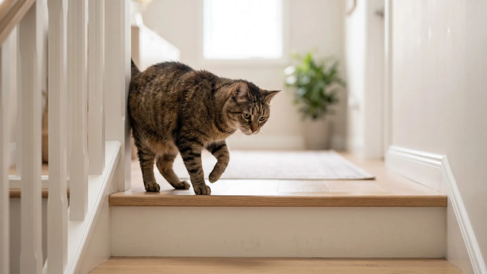 Chat senior qui hésite devant une marche