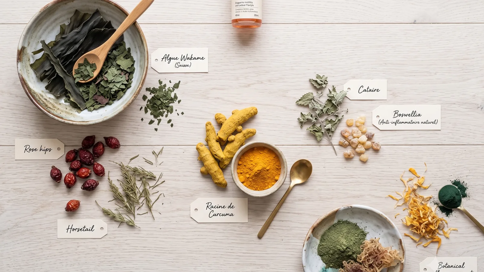 Ingrédients d'origine naturelle présentés en flat lay éditorial