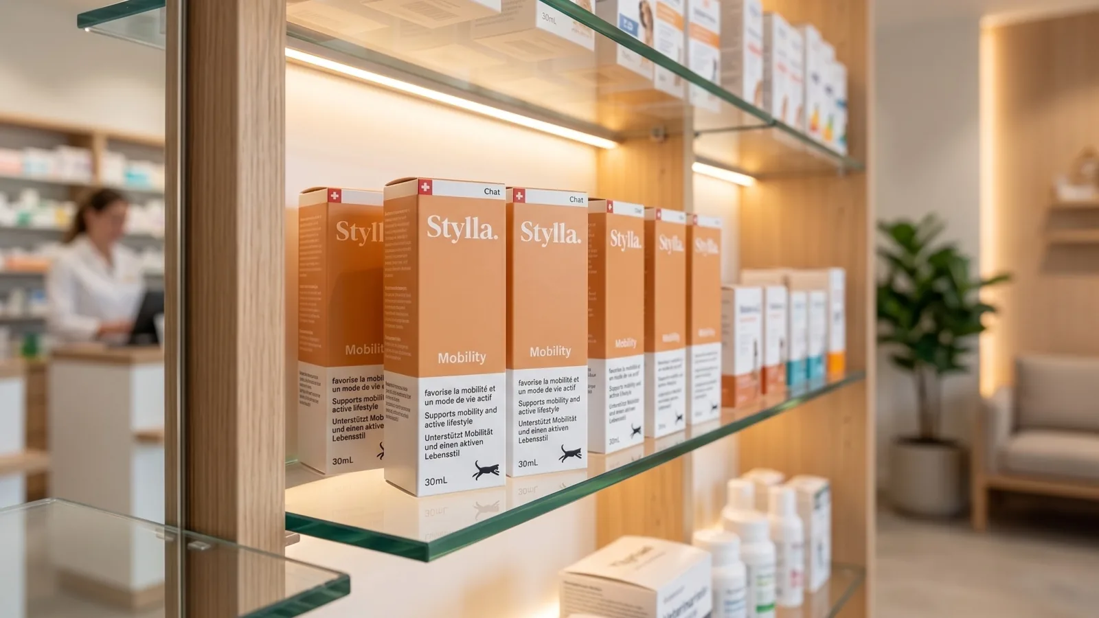 Stylla Mobility référencé sur les étagères d'une pharmacie