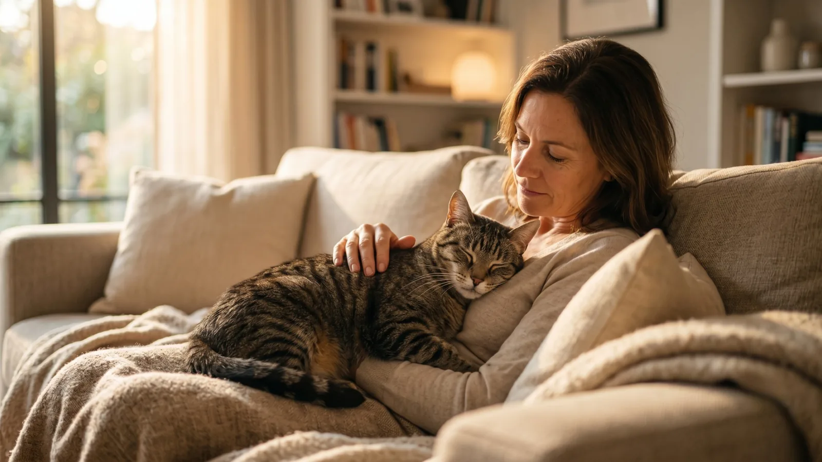 Chat senior blotti contre sa propriétaire sur un canapé, lumière chaude