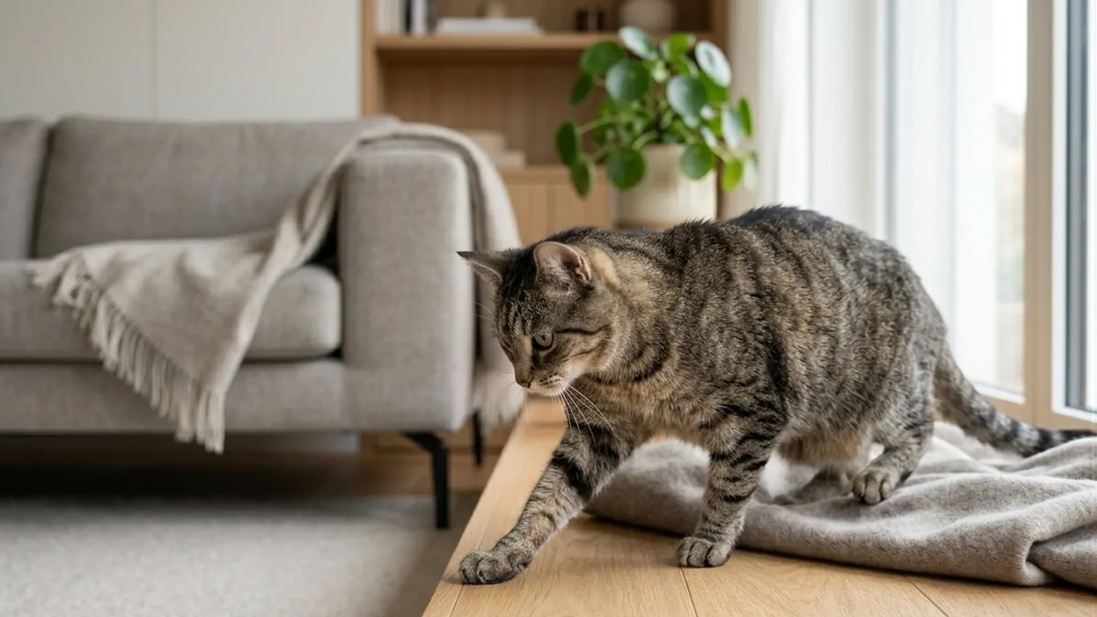 Chat qui se lève lentement après le repos, appui prudent d'une patte