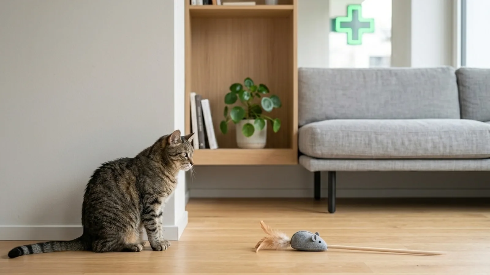 Chat assis à distance, regardant un jouet sans réagir