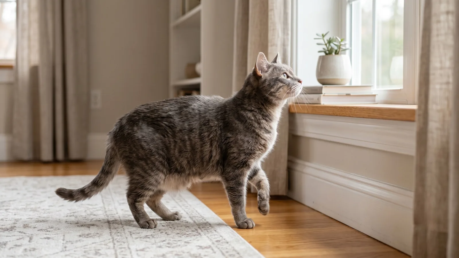 Chat de profil en train de marcher, démarche prudente