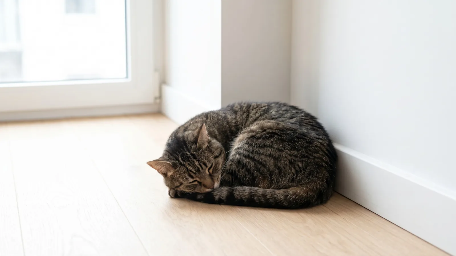 Chat recroquevillé dans un coin, intérieur clair