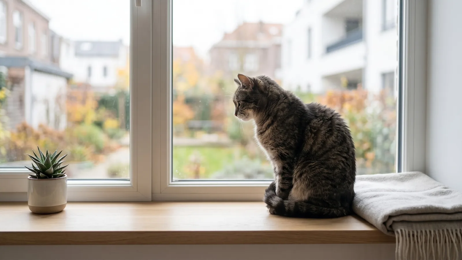 Chat regardant par une fenêtre, posture légèrement fermée