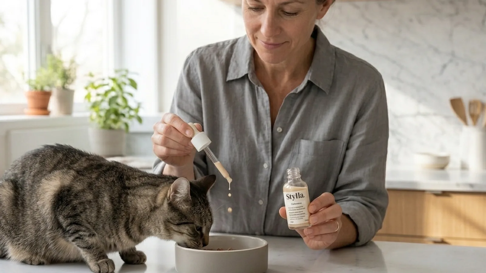 Quelques gouttes versées dans la gamelle du chat, en cuisine
