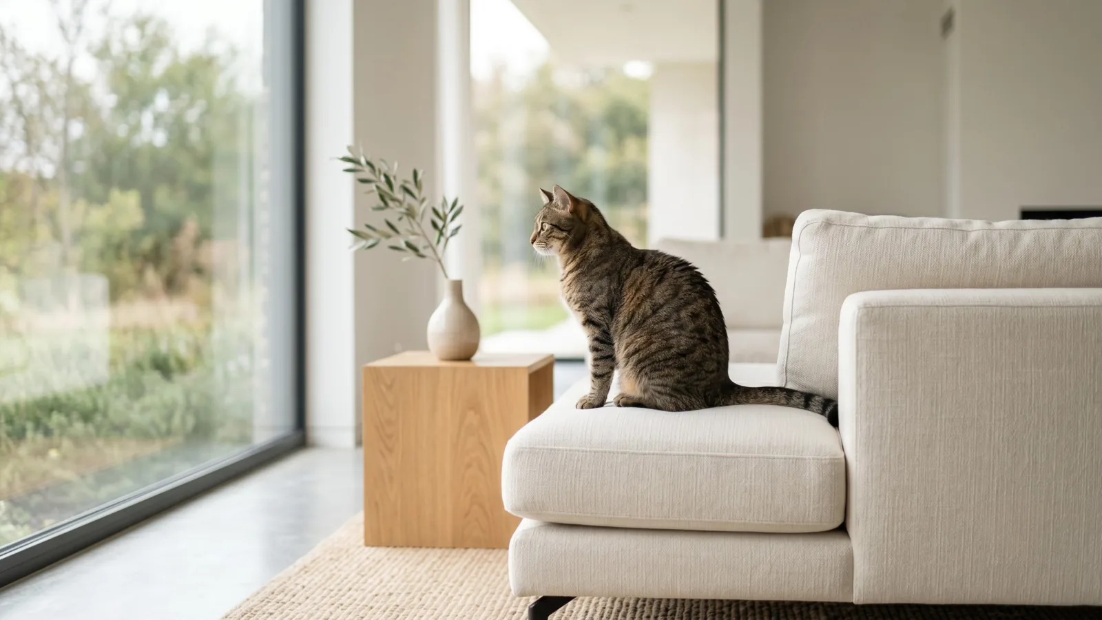 Chat installé seul sur un canapé clair, près d'une fenêtre