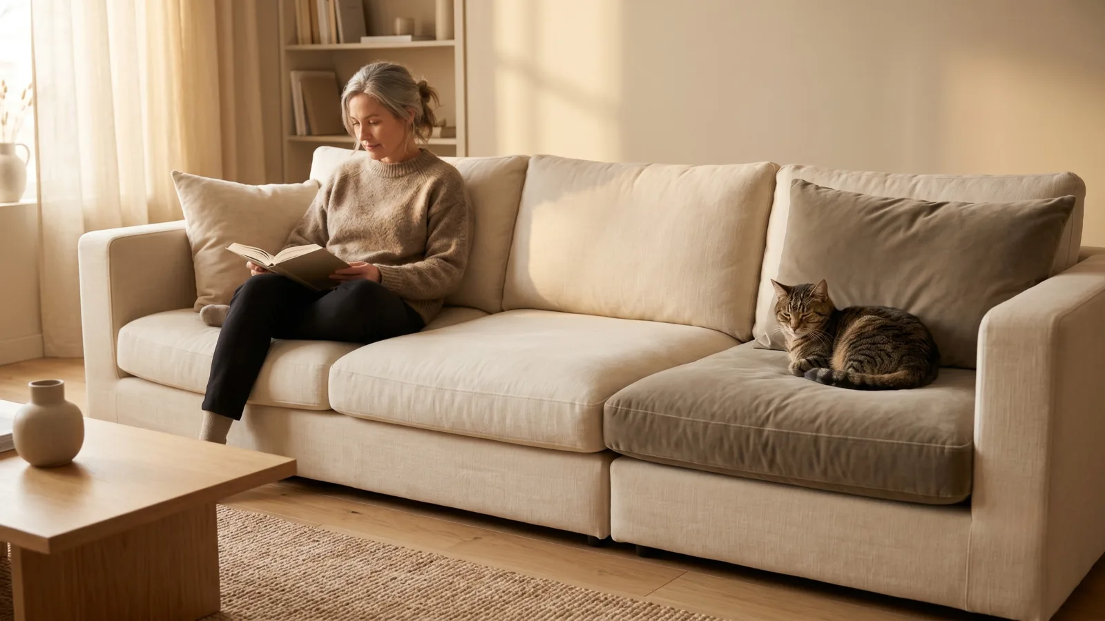 Propriétaire et chat à distance sur le même canapé