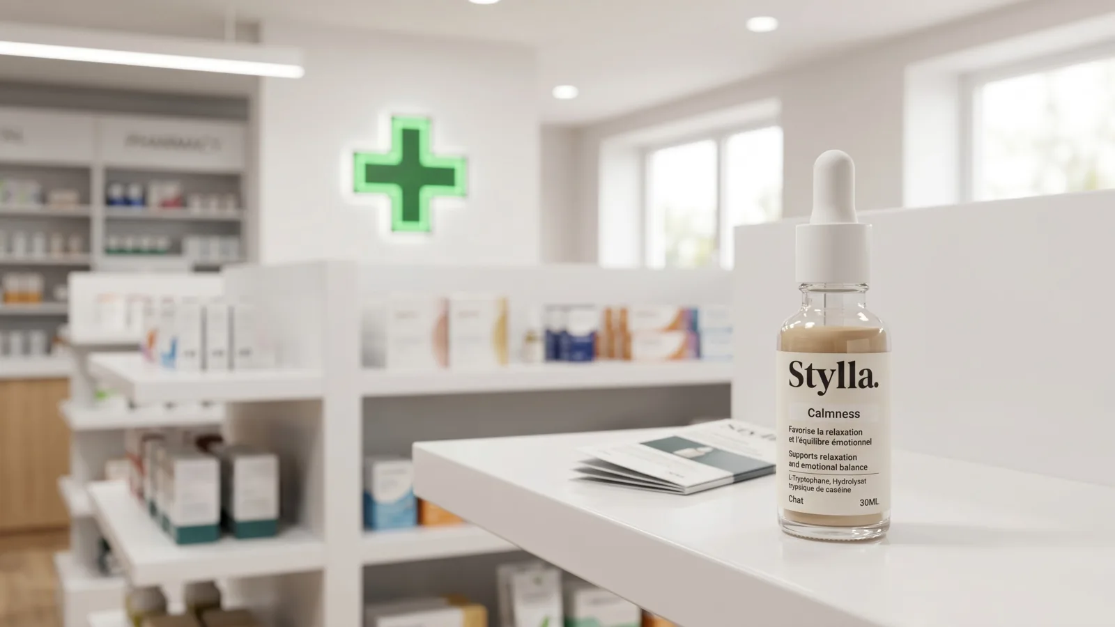 Stylla Calmness sur un comptoir de pharmacie, croix verte en arrière-plan
