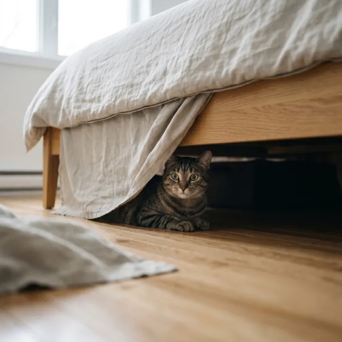 Chat caché sous un lit