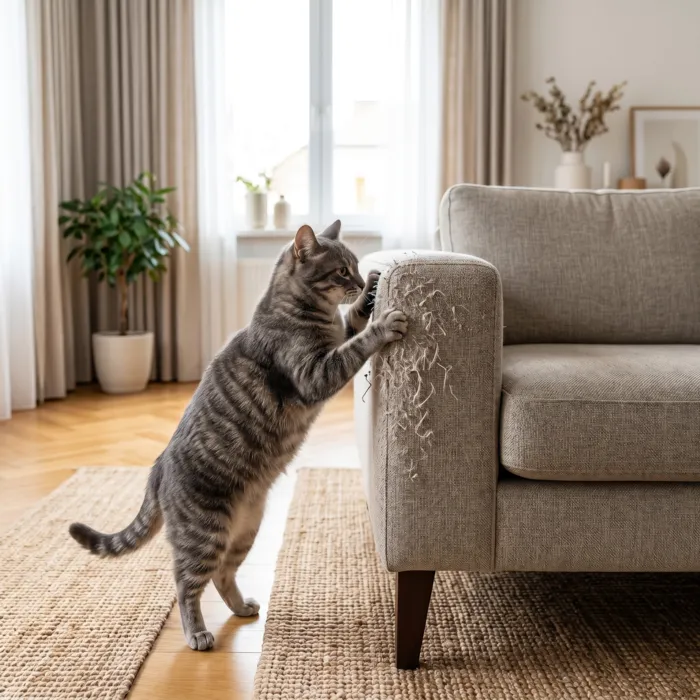 Chat qui griffe le côté d'un canapé